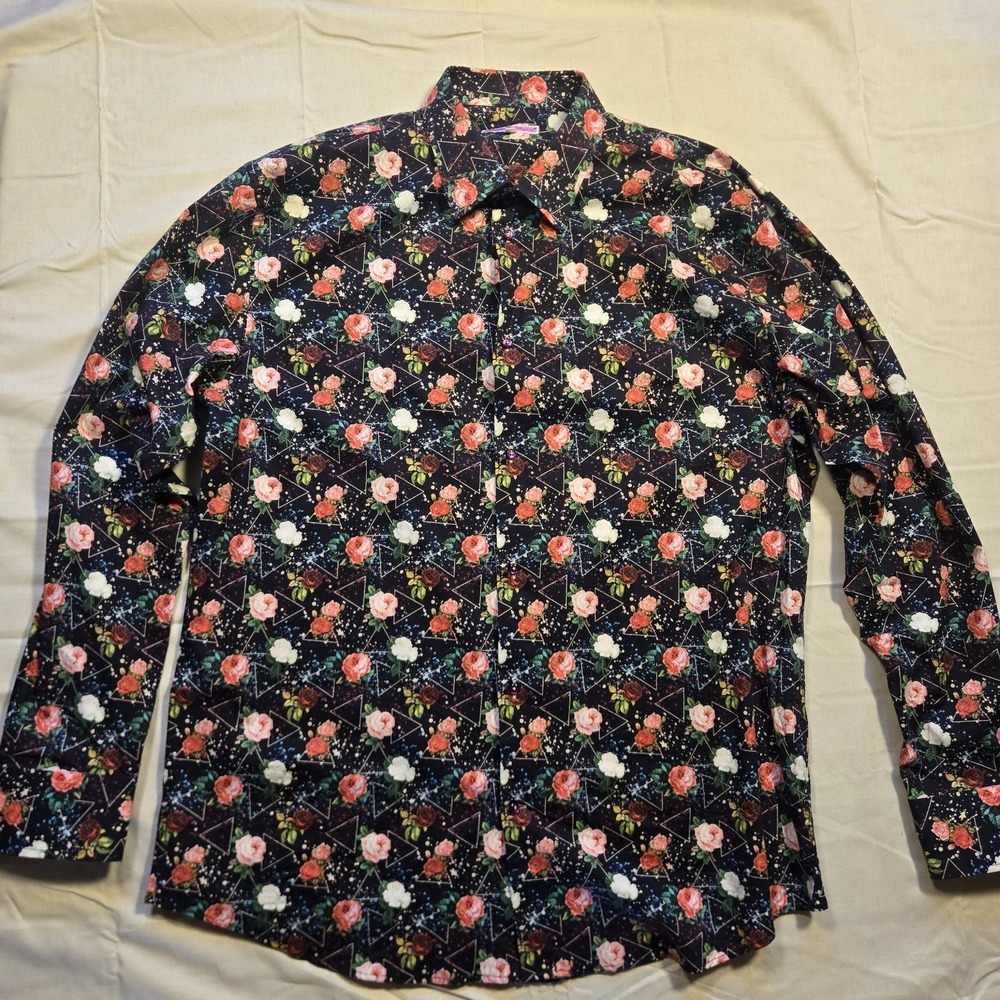 Coton Doux Fitted Shirt Hipster Vintage Rose Pattern Size 44 17.5 Multi Color